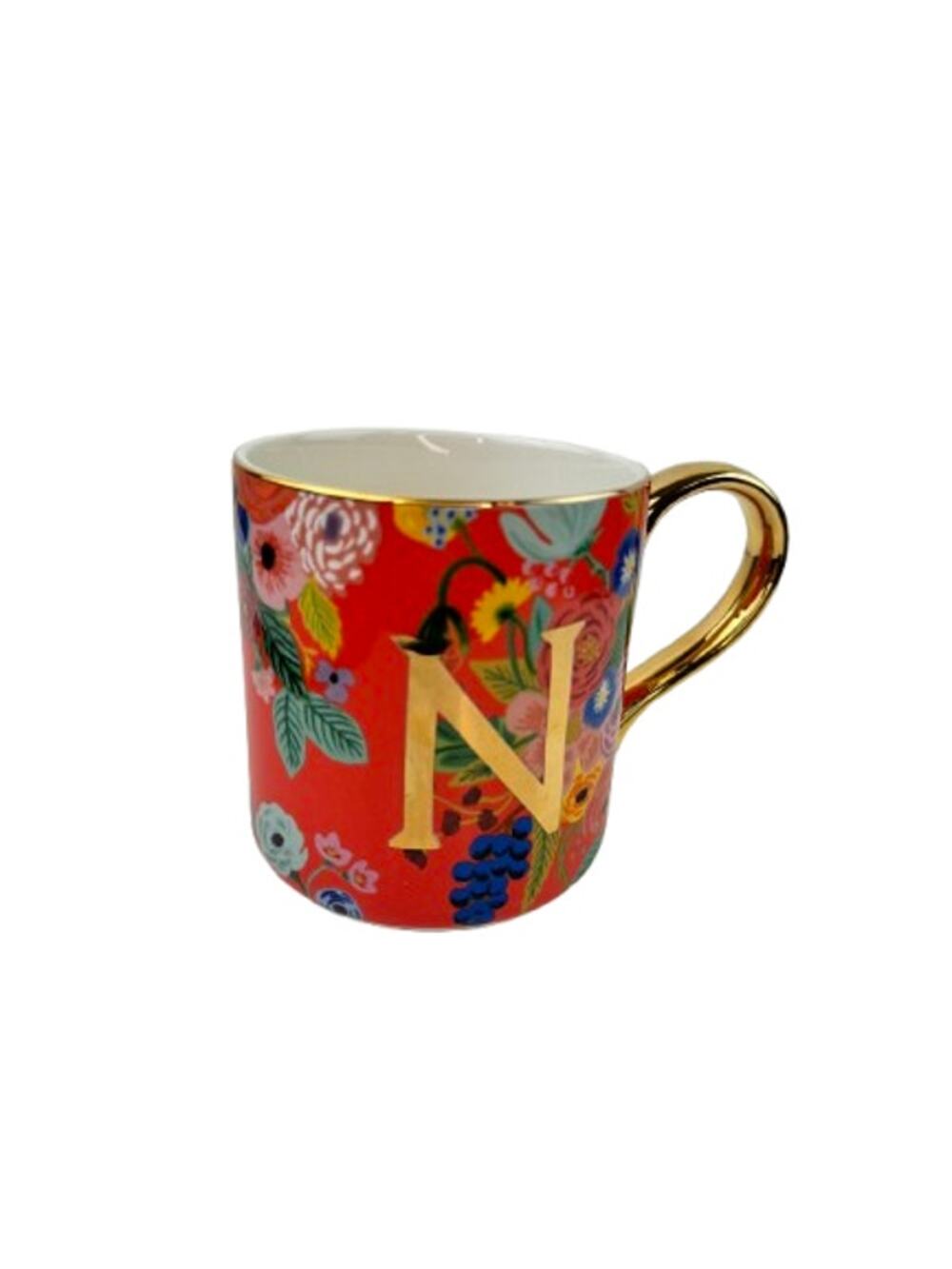 Anthropologie Rifle Paper Co Red Gold Tea Cup Ceramic Floral Monogram "N" Mug